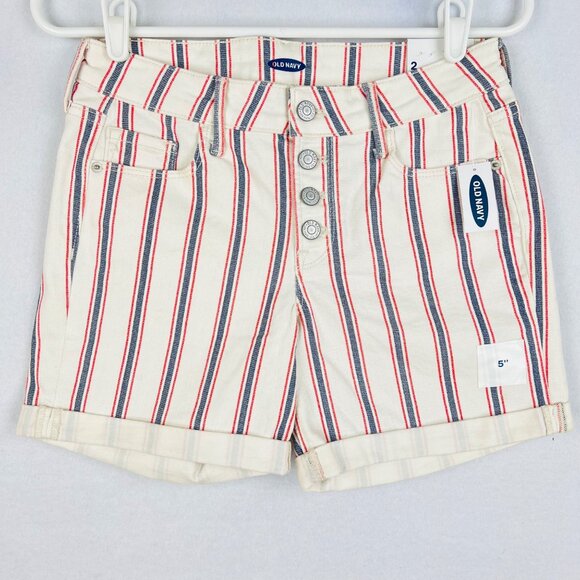 Old Navy Women's Striped Cream Navy Red Rolled Hem Button-Fly Shorts Size 2 NWT - Picture 1 of 9